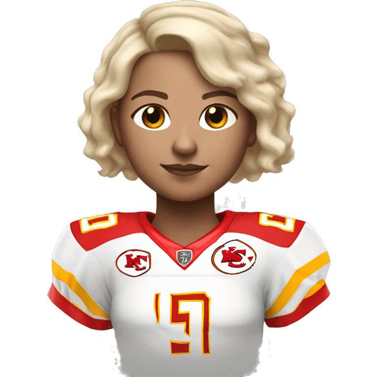 Blonde girl short hair blue eyes in chiefs jersey 15 mahomes emoji