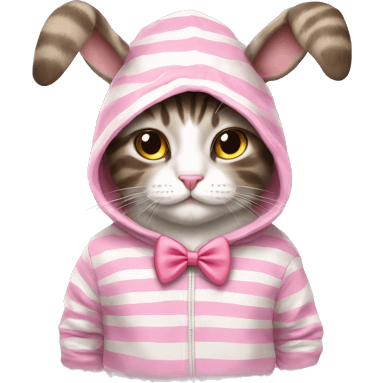 stripes cat IN a bunny HOODIE with pink bow tie emoji