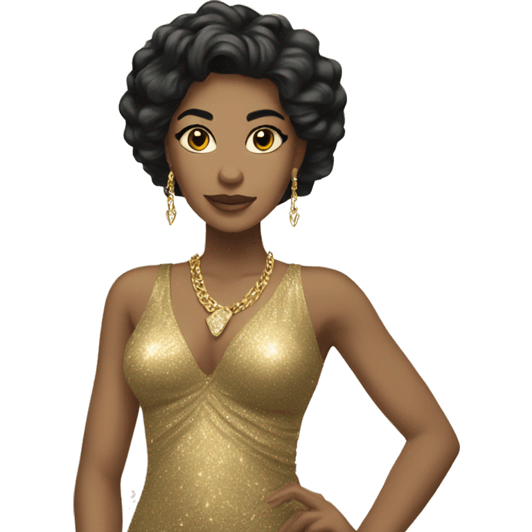 light skin woman with long black hair in gold sparkle dress with gold jewelry emoji