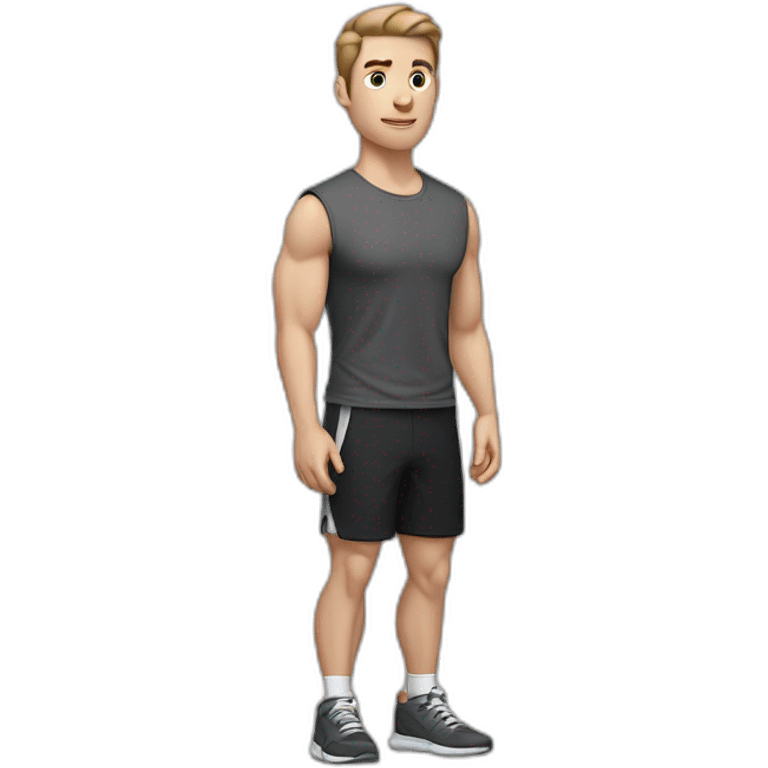 Pale skinned Fit Man With the biceps and dark brown hair in black shirt, gray sports shorts and white Sneakers His right hand near his back of the head emoji