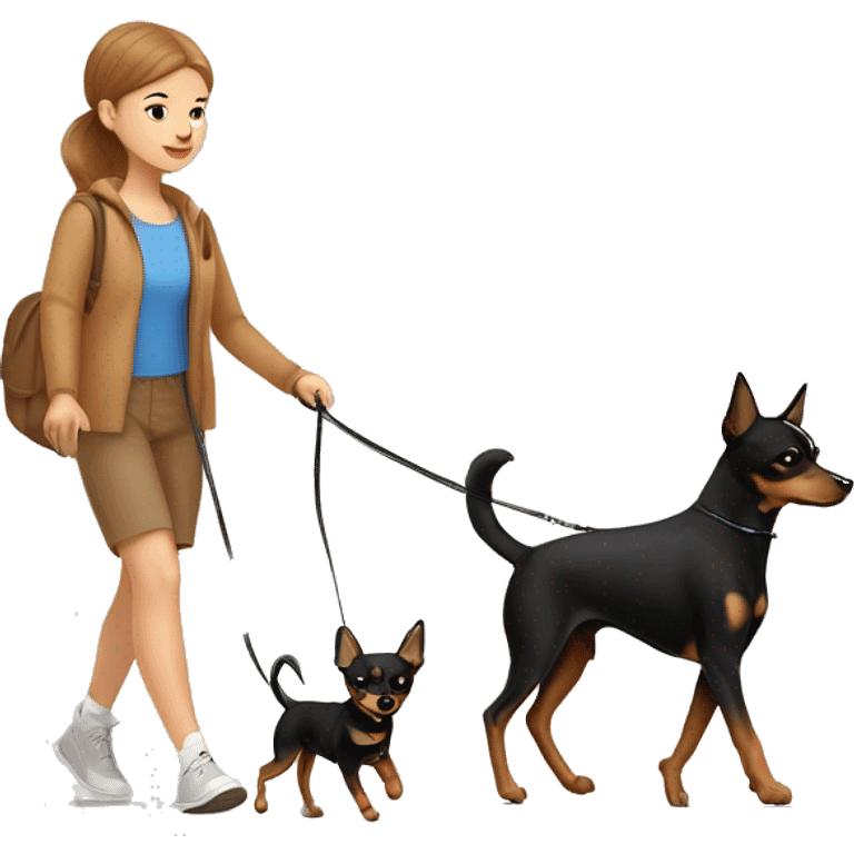 A light brown haired girl, walking one mini black and tan miniature Pinscher and one bigger, fluffy & light brown Spitz on the lead emoji