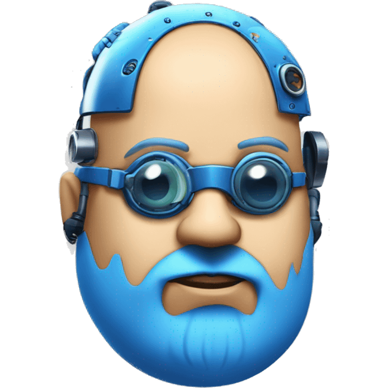 Fat bald cyborg head with tan skin, blue beard, blue steampunk goggles and circuits emoji