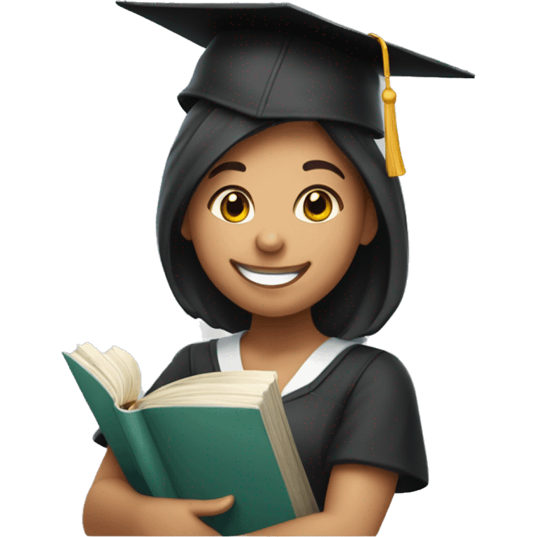 happy brunete girl student with a book and academic cap emoji