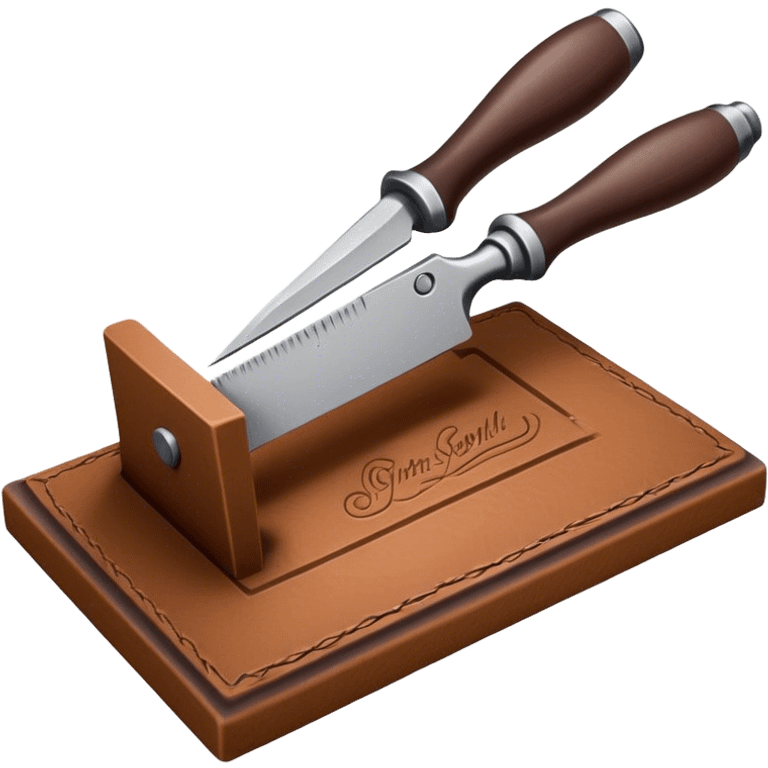 Leatherworking icon, big piece of raw leather with started engraving, engraving tool or chisel, stamp and press, textured surface, minimalistic style, clean lines, transparent background. emoji