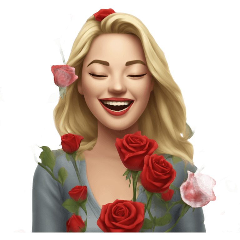 Hyper Realistic beautiful woman smells bouquet of bright red roses laughing  emoji