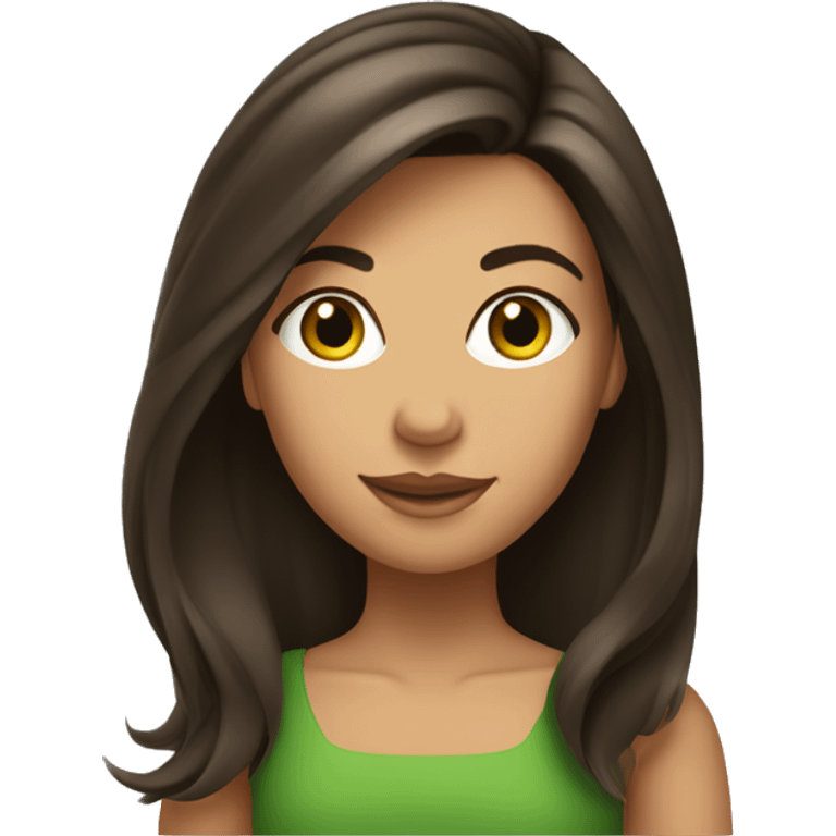 Tanned brunette girl with medium dark blowout hair and green ey emoji