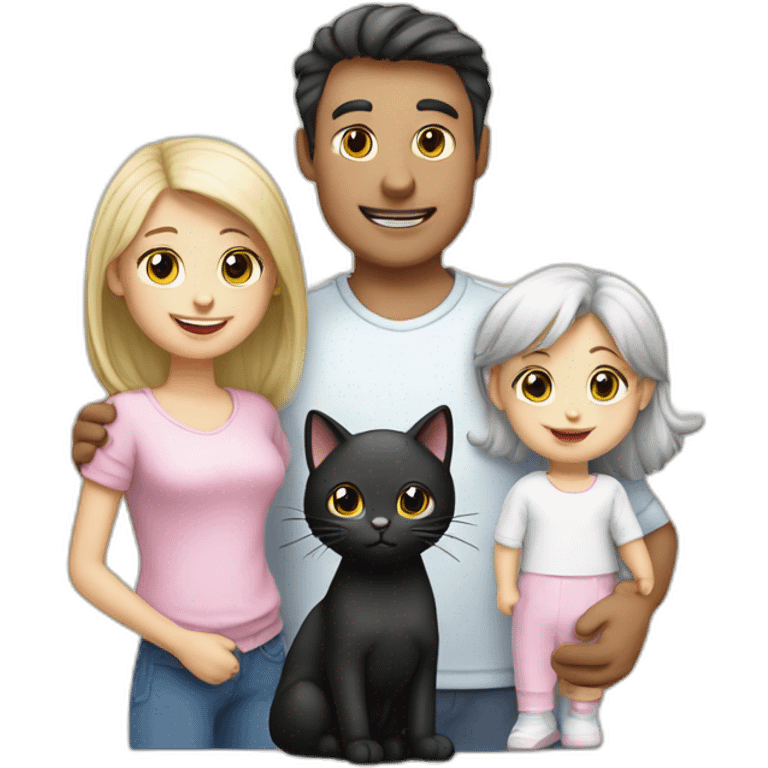 Family of 3- mum-dad-baby girl-white cat-black cat emoji