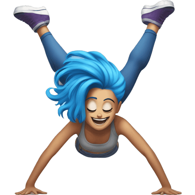 Girl doing a head stand with blue hair,and a crazy style smiling emoji