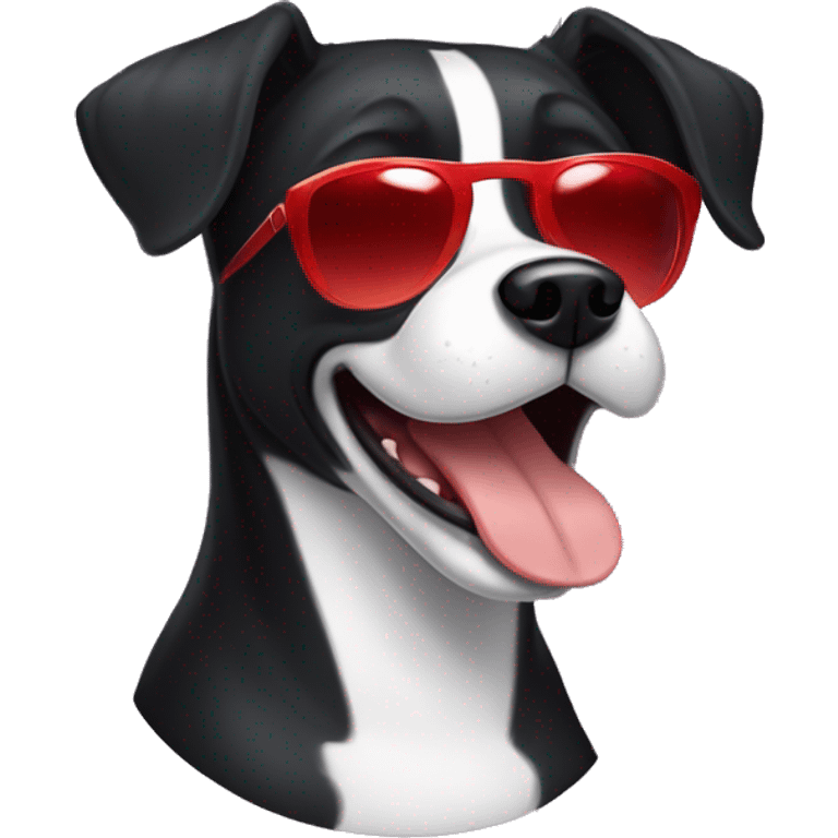 Black very short hair female large dog with sunglasses and red lips  smiling with the tongue outside the mouth . The dog has a tiny  white line on the chest emoji