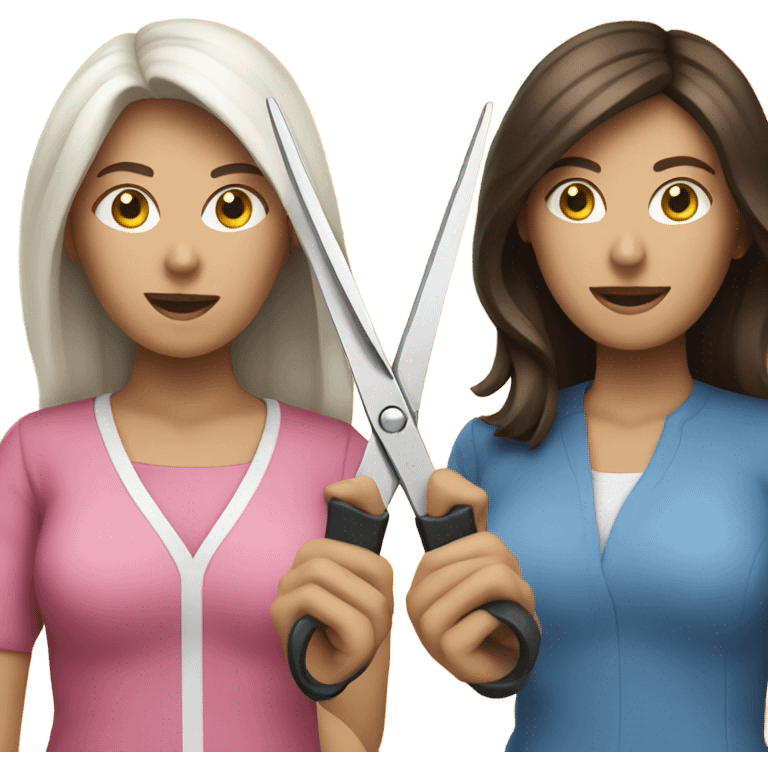 two brunette women holding a pair of scissors between them emoji