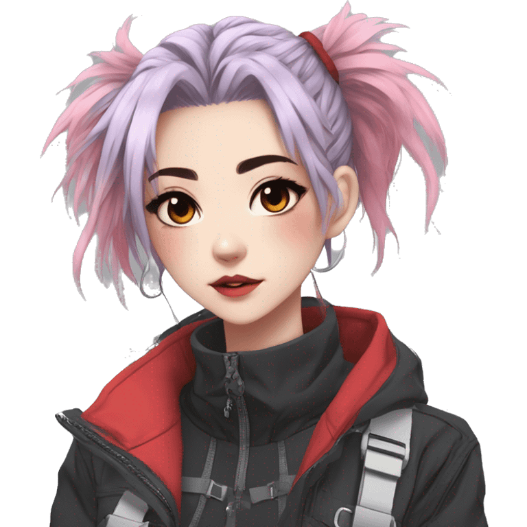 Gorgeous pastel bright techwear anime style lady with blushing face aesthetic and pretty edgy black red white punk messy hair with collar and harness trending style emoji