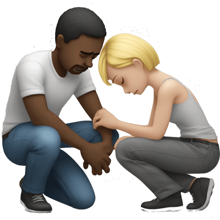 A white-skinned man kneeling and crying, trying to mend his girlfriend's broken heart. The heart is a broken emoji heart, highlighting the emotional scene. emoji