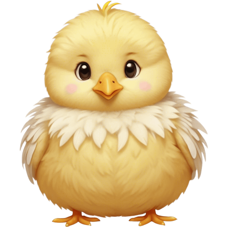 Cinematic round fluffy chick, golden yellow, tiny beak and feet, soft downy feathers, sparkling gentle eyes, sitting on a pastel-colored cushion, radiating warmth and sweetness. emoji