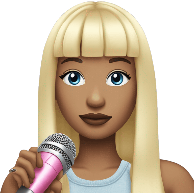 Blonde haired singer with long straight hair and bangs holding a pink microphone and the girl has blue eyes and pink-red lips and a pastel yellow, pastel pink, pastel blue and pastel purple clouds beside her emoji