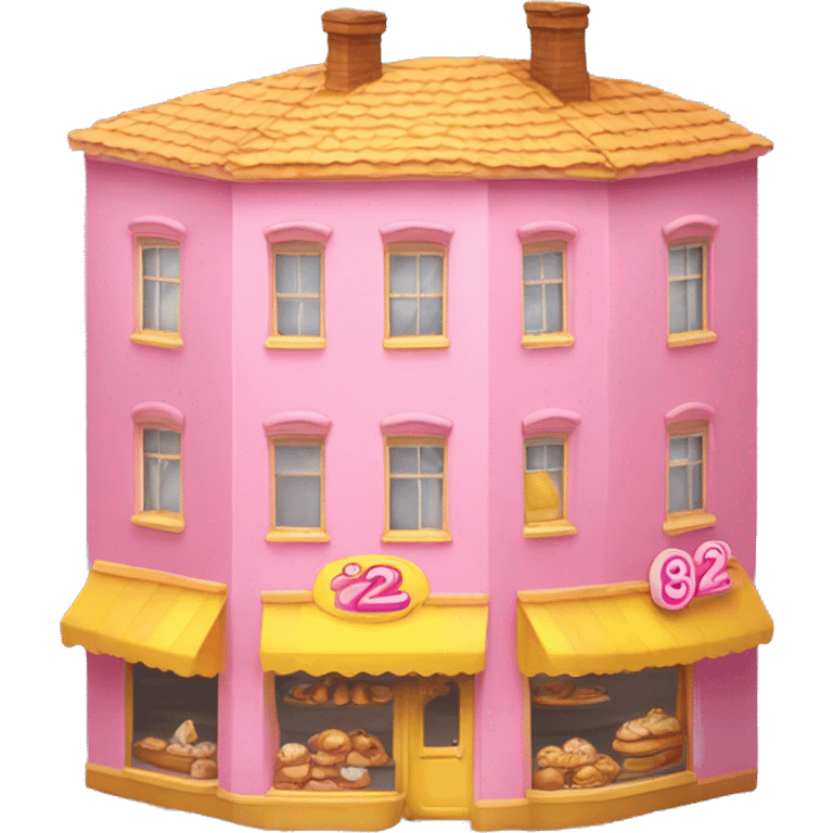 a three-floor bakery with huge house number 22 on the facet, pink and yellow only on the facet emoji