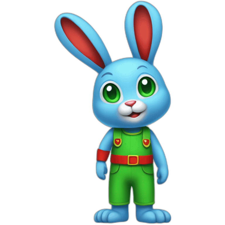 Blue humanoid rabbit with red shorts and white gloves with green eyes and monkey tail, full body emoji