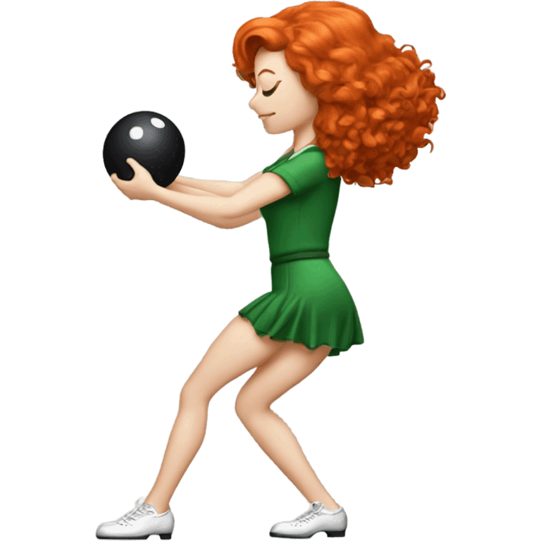 Irish, red-headed, female dancer bowling, in a standing, slightly bent over stance holding a bowling ball appropriate in size to their size emoji