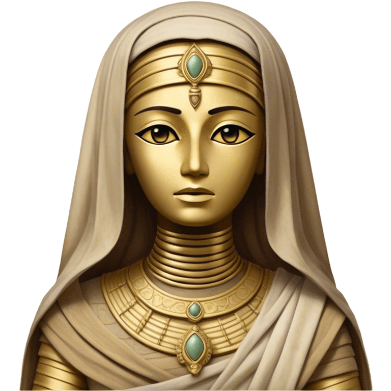 Cinematic Noble Mummy Portrait Emoji, Regal and timeless, with a meticulously wrapped, ancient form in muted earth tones accented by faded gold, exuding an air of forgotten majesty and solemn duty, simplified yet elegant with intricate bandage details, highly detailed and softly glowing, evoking the dignified mystery of an eternal sentinel guarding long-lost secrets! emoji