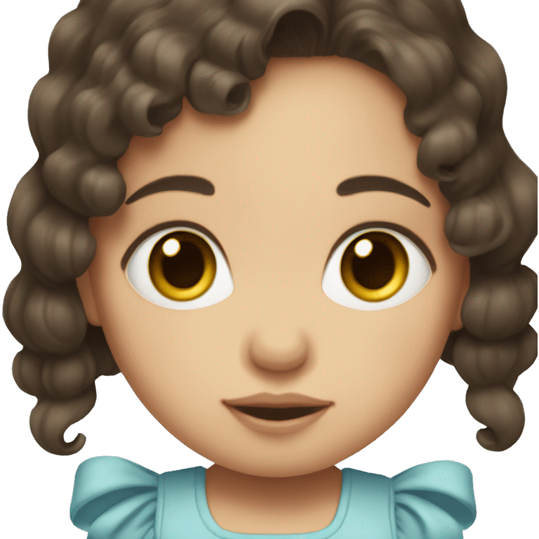 Baby with short, wavy, dark brown hair. Big blue eyes and beige bow in hair emoji