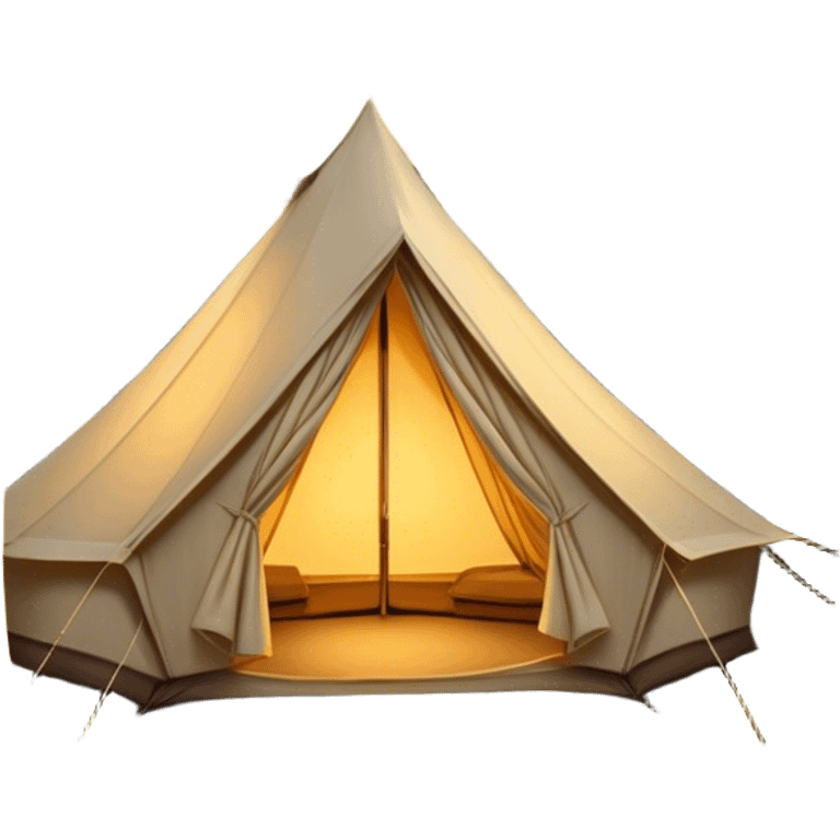 Cinematic Realistic Tent, a sturdy canvas tent nestled among tall trees, warm golden light spilling from inside, gentle folds in the fabric visible, glowing against the cool, dark forest backdrop, evoking a sense of adventure and comfort. emoji