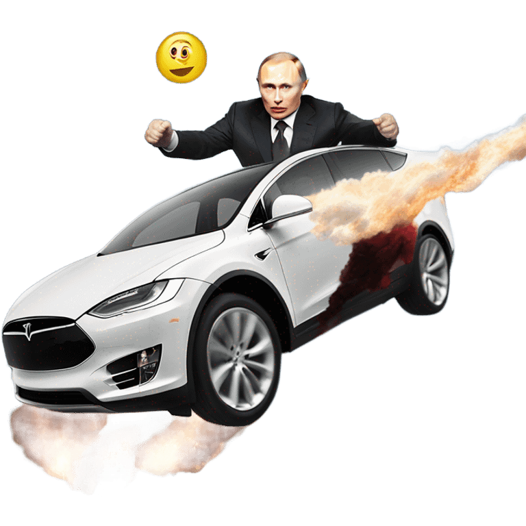 Photo realistic, Vladimir Putin, flying over a Tesla emoji