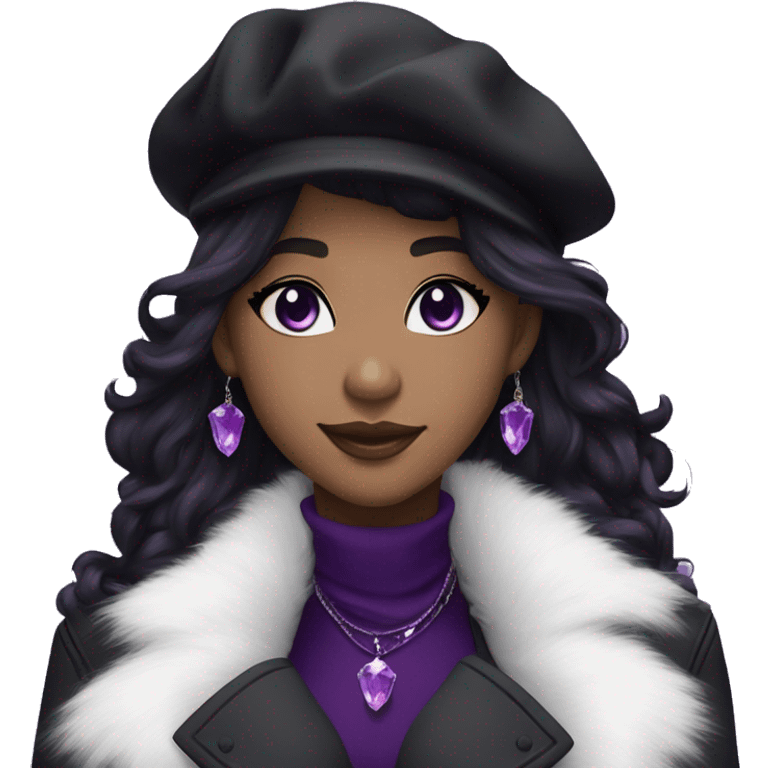 black hair, long messy hairstyle, beret hat, purple eyes, smile, long black trench coat with white fur around the neck, purple crystal earrings, purple crystal necklace, black pants emoji