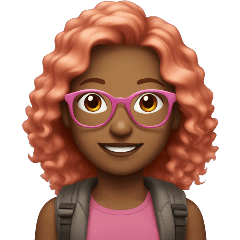 smiling Girl with copper colored hair outdoors with pink glasses emoji