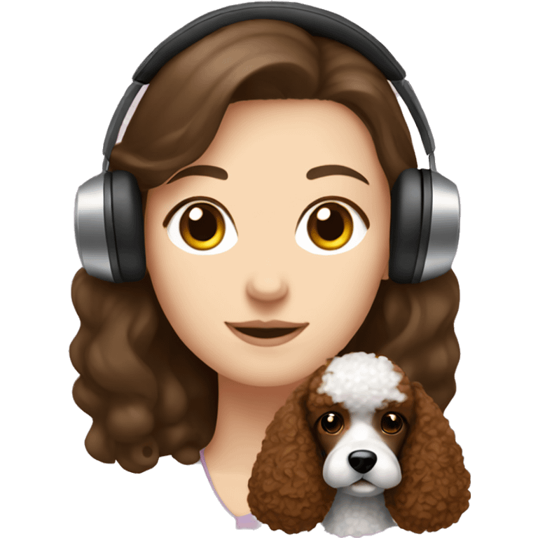 White girl, dark hair in headphones with brown poodle emoji