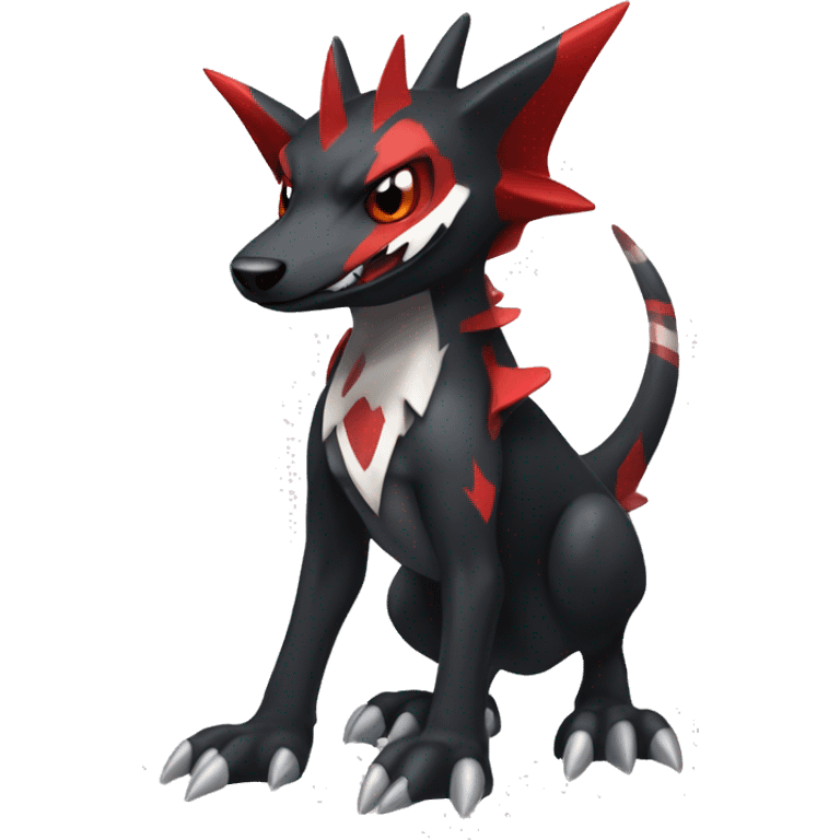 Black Cool Edgy Nargacuga-Houndoom-Garchomp Fakémon with Red and white Edgy markings, full body emoji