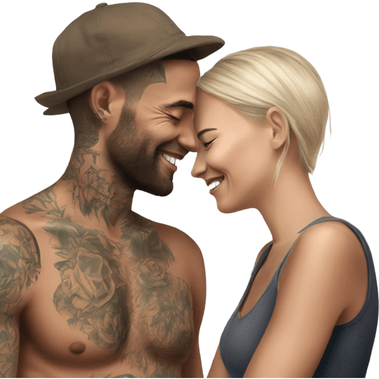 Intimate conversation between realistic lightly tattooed model couple happy emoji