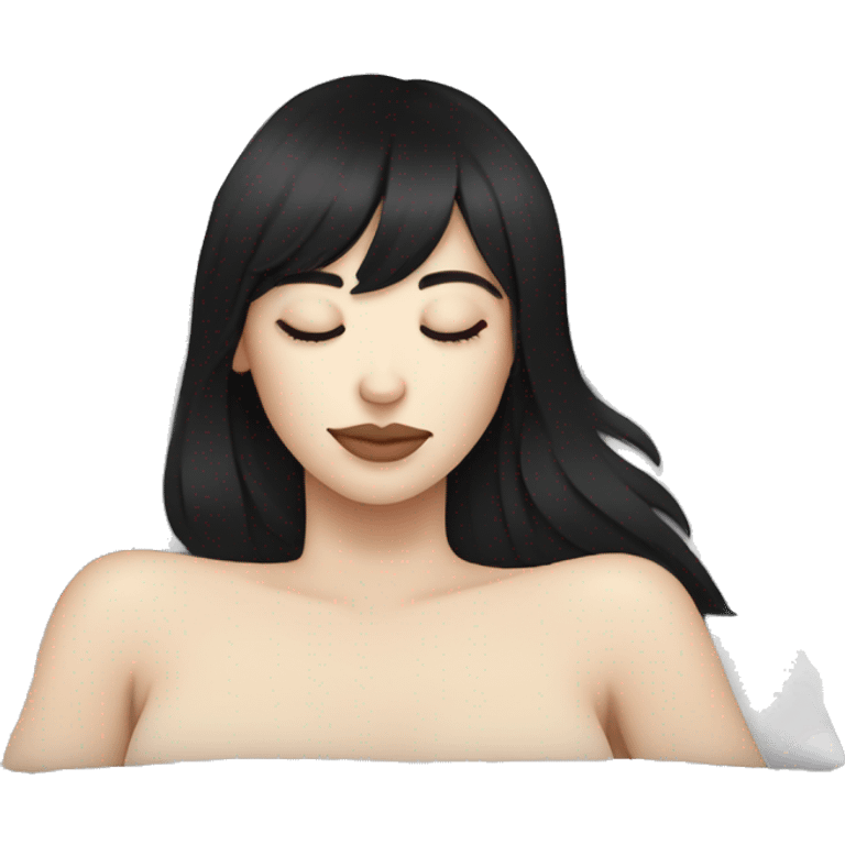 Woman pale skin black hair with bangs sleeping in bed with pillow, white woman emoji