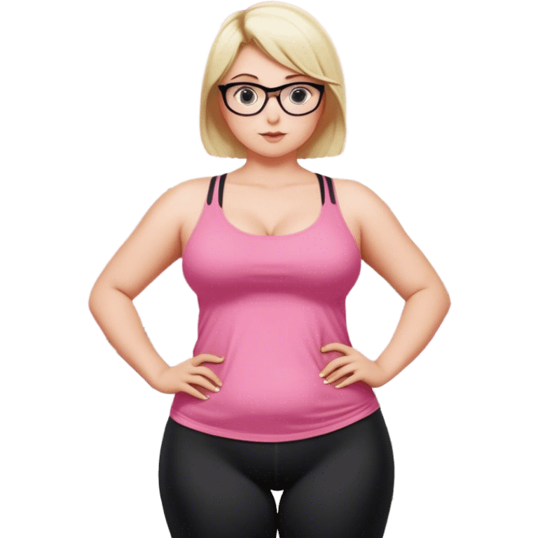 View from knees up, view from the back, fair skinned woman, curvy, short blond hair, small reading glasses, cooking dinner in kitchen, pink loose tank top, showing natural B cup breast shape SFW, black yoga pants, large curvy booty emoji