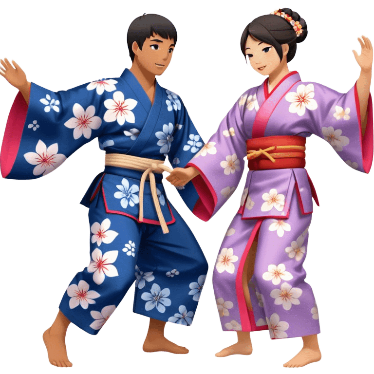 Cinematic Realistic scene of two performers engaging in Bon Odori, dressed in traditional yukata with intricate summer patterns, captured in graceful, rhythmic motion with warm, festive lighting emoji