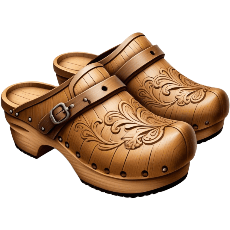 Cinematic Realistic Wooden Clogs Emoji, depicted as a pair of traditionally carved weathered wooden clogs with intricate details and rustic charm, rendered with rich textures and warm natural lighting that captures their cultural heritage. emoji