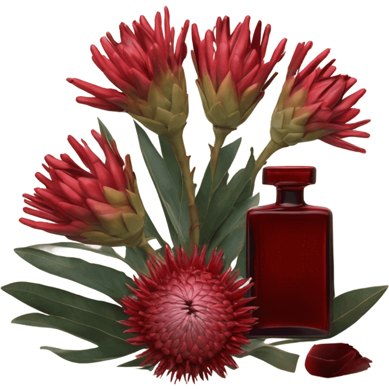 Dark red captivating perfume bottle with red proteas and a handwritten love letter emoji