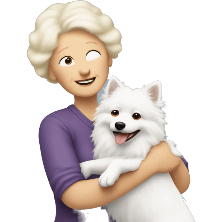 blonde grandma hugs a white spitz dog. the grandma hair is blonde and the spitz dog hair is white emoji