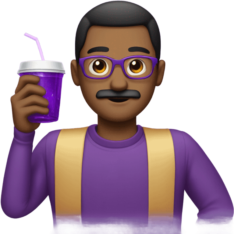 A man w black combover and a square moustache holding a double cup with purple sprite inside the cup emoji