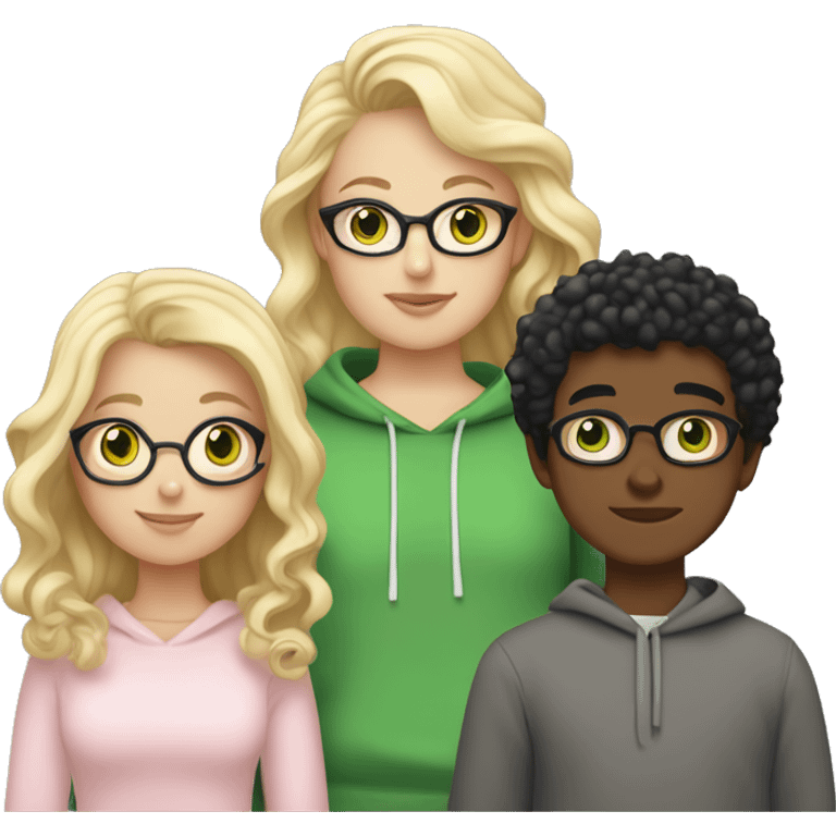 Curvy girl with long blonde hair and green eyes wearing a light pink sweater and white skirt holding hands with a brown boy with short curly black hair and glasses wearing a grey hoodie emoji