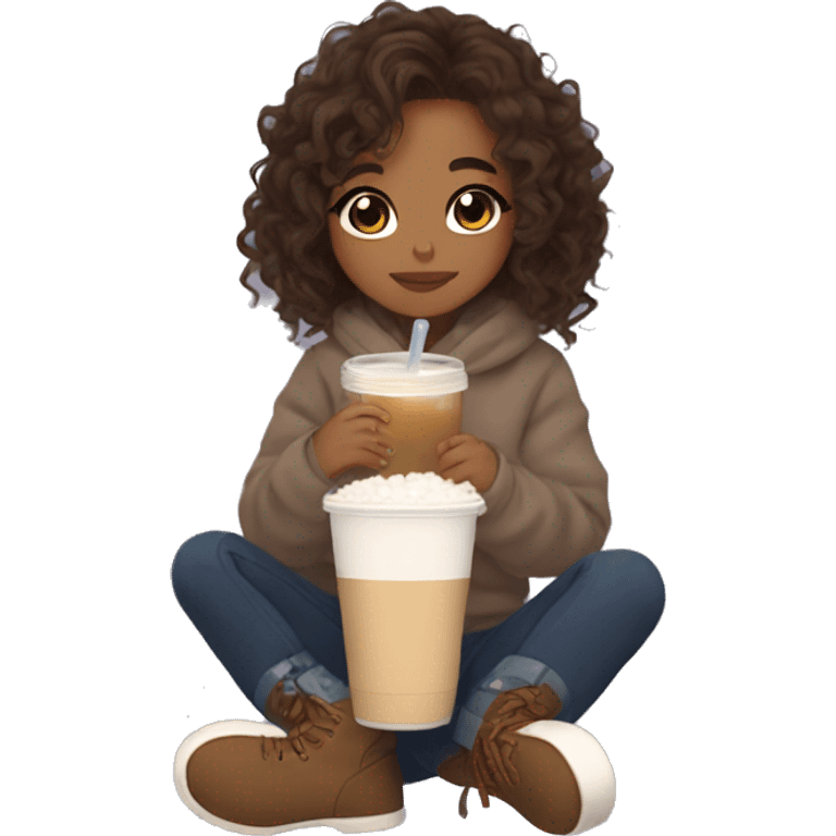  cute aesthetic brown wavy hair tan girl cozy drinking boba and wearing uggs  emoji