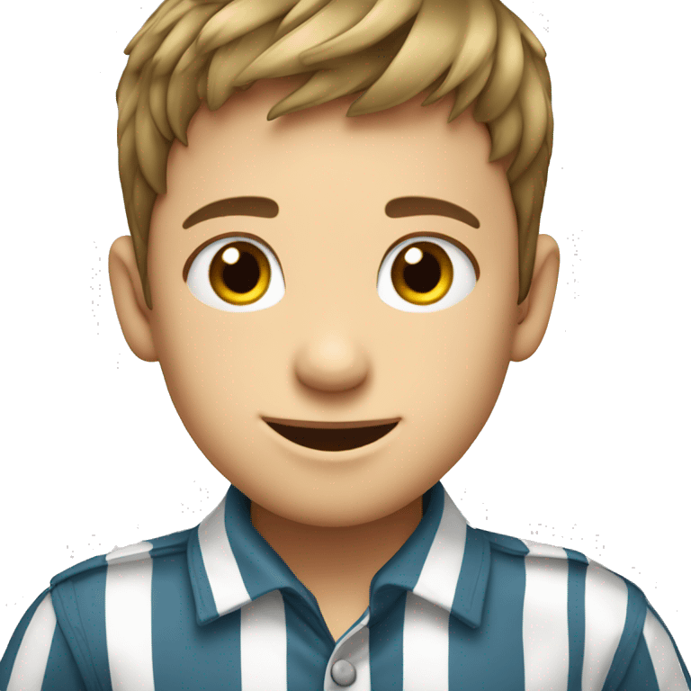 smiling boy in striped shirt remove two shirt buttons emoji