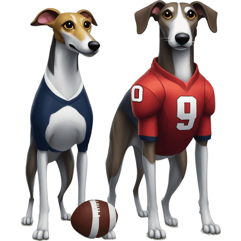 /imagine hyperrealistic tall bipedal greyhound mascot wearing a navy blue and grey football jersey staring at hyperrealistic bipedal cardinal mascot wearing white and yel football jersey emoji