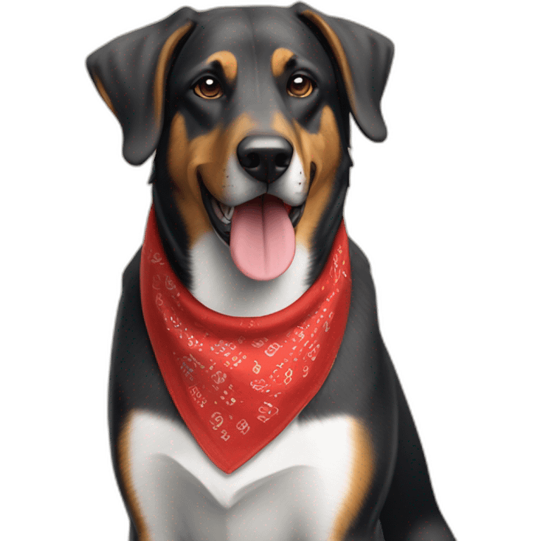 coonhound and German shepherd mix dog wearing red bandana and walking left emoji