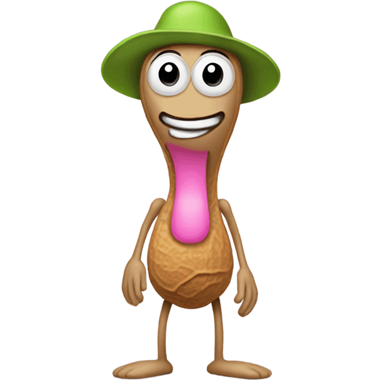 peanut with legs no arms and a pink hat with a light green emoji