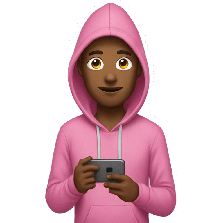 Man in pink hoodie holding phone emoji