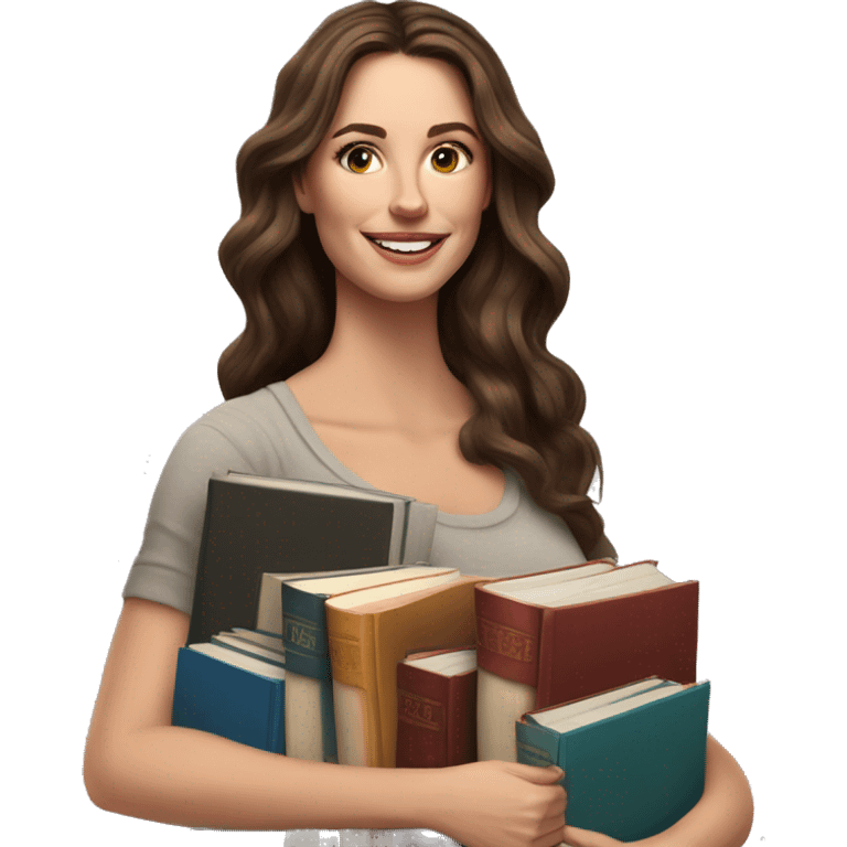 white woman brunette long wavy hair highlights woman while holding large stack of books emoji