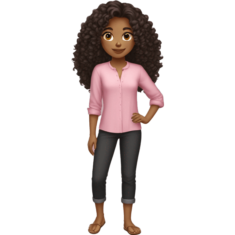 girl with straight curly hair with long sleeve pants with bare feet with sandals with short sleeve blouse black pants pink blouse showing and pretty face emoji