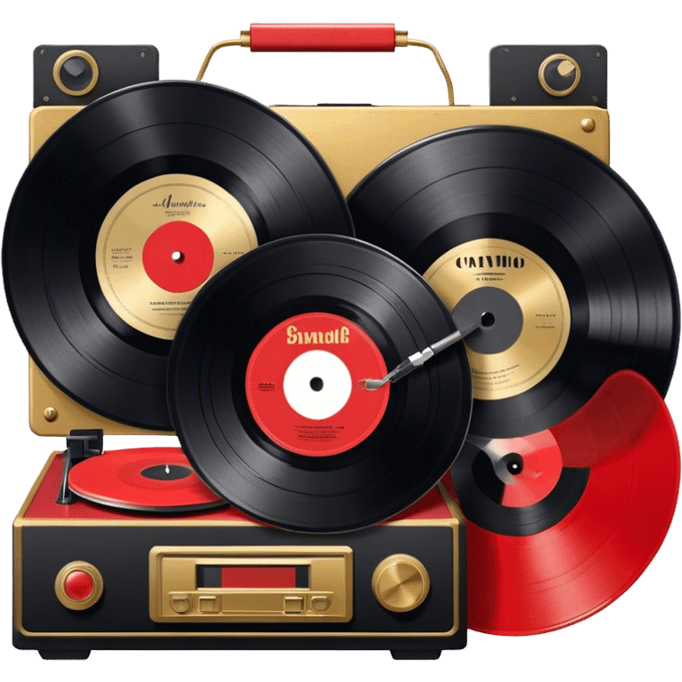 Icon for Vinyl Record Collecting: large black, golden and red vinyl records in decorative packaging featuring artist images, neatly arranged on a wall or shelf, modern vinyl record player. The icon should reflect the aesthetic and artistic aspect of collecting vinyl records. Transparent background. emoji