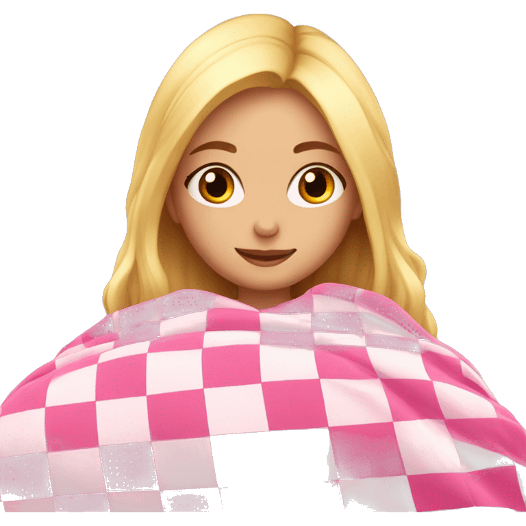 Blonde girl cozing up in pink checkered blanket emoji