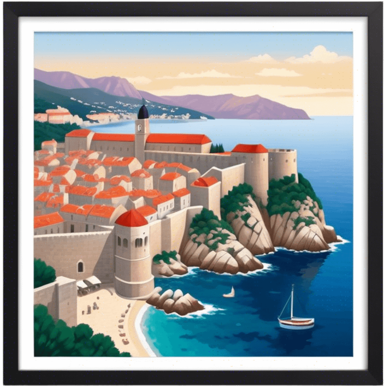 Cinematic Realistic aerial view of the historic city of Dubrovnik, showcasing its iconic red-roofed architecture, fortified walls, and sparkling Adriatic coastline, rendered with rich textures and warm Mediterranean lighting that captures its old-world charm. emoji