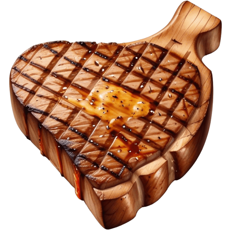 Cinematic thick-cut t-bone steak, perfectly seared with grill marks, a grilled center, rich and savory, warm glow, sizzling and mouthwatering, highly detailed and appetizing. emoji